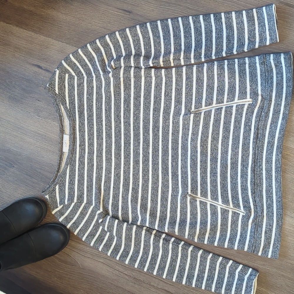 LOFT Gray & White Striped Sweatshirt Tunic w/ Front Zippered Pocket - Medium
